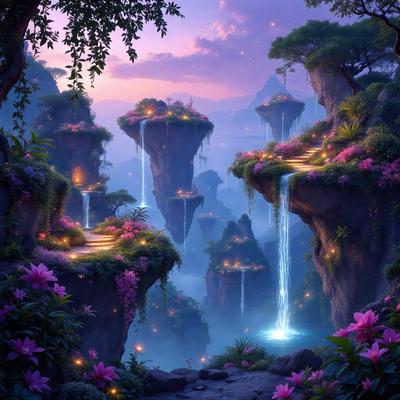 The primary subject of the image is a beautifully designed landscape featuring a series of waterfalls and a pathway leading to a series of platforms. The setting is a lush, green environment with a mountainous backdrop. The visual style is a combination of photo and digital art, creating a vibrant and captivating scene. The colors and mood are predominantly purple and blue, giving the image a serene and enchanting atmosphere.